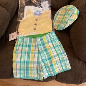 Ruffle Butts Rugged Boys 3 Pc Set Shorts Vest Newsboys Hat Sz 18 24m Easter New